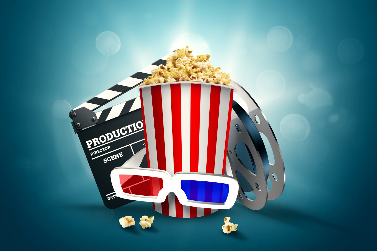 Online movies, cinemas, an image of popcorn, 3d glasses, a movie film and a blackboard on a blue background. The concept of a cinema on the Internet, a mobile cinema, realistic illustration, 3d.